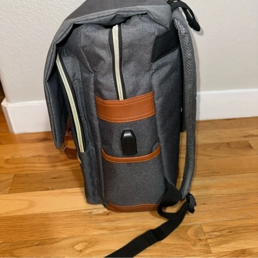 Grey Fashion Backpack‎ Rucksack Laptop Sleeve USB Port Faux Leather Accents VGC